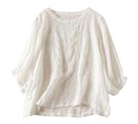 Women's Vintage Literary Boho Loose Fit Solid Color Embroidered Five Quarter Sleeve Top Casual Cotton Linen Round Neck Tunic Blouse plus Size Ladies Tee Shirts (White, M)