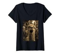 Womens Vintage Llama Selfie with Spooky Scarecrows Halloween Animal V-Neck T-Shirt