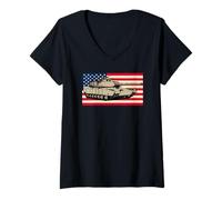 Women's Vintage M1 Abrams Tank Drawing American Flag V-Neck T-Shirt