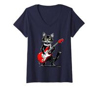 Womens Vintage Maine Coon Cat Playing Guitar Funny Kitten Graphic V-Neck T-Shirt