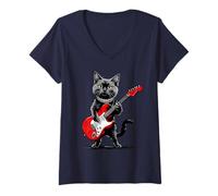 Womens Vintage Maine Coon Cat Playing Guitar Funny Kitten Graphic V-Neck T-Shirt
