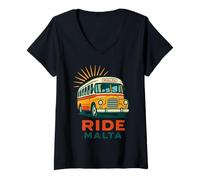 Womens Vintage Malta Bus Journey - Retro Island Adventure V-Neck T-Shirt