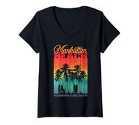 Womens Vintage Manhattan Beach LA County Retro Sunset Surf Vibes V-Neck T-Shirt