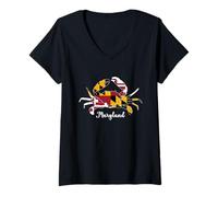 Womens Vintage Maryland State Flag Blue Crab Crabbing Tradition V-Neck T-Shirt