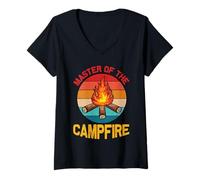 Women's Vintage Master of The Campfire Tent Camper Camping Camp V-Neck T-Shirt