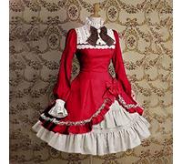 Women's Vintage Medieval Steampunk Ruffle Dress Gothic Halloween Costumes Long Sleeve Lolita Lace Bowtie With Bow Cosplay Party Dress Elegant Tea Party Prom Satin Midi Dresses Ball (Red, L)