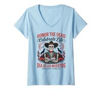Womens Vintage Mexican Skeleton Dia de los Muertos V-Neck T-Shirt