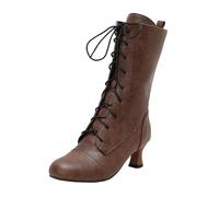 Women's Vintage Mid-Calf Boots Traditional Ankle Boots With Lace Up Round Toe Medieval Booties PU Leather Large Size Booties Strappy High Heels Autumn Winter Ankle Shoes for Casual Party