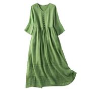 Womens Vintage Midi Dress V Neck Button Detail Loose Fit Textured Flowing Long Dress Casual Boho Style