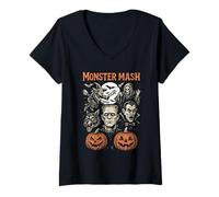 Womens Vintage Monster Mash Halloween Horror Design V-Neck T-Shirt