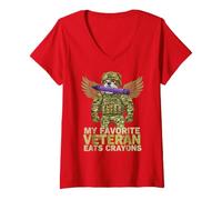 Women's Vintage My Favorite Veteran EATS Crayons Jarhead Dog Dad Mom V-Neck T-Shirt