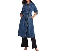 Women's Vintage Notched Collar Double Breasted Over Knee Midi Long Denim Jacket Trench Coat with Belt