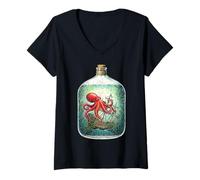 Women's Vintage Octopus s Shipwreck Bottle s Cephalopod Ocean Art V-Neck T-Shirt
