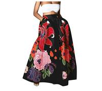 Women's Vintage Paisley Floral Printed A Line Maxi Skirt with Pockets High Waist Long Skirt for Party Work Office(Black,Medium)