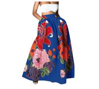 Women's Vintage Paisley Floral Printed A Line Maxi Skirt with Pockets High Waist Long Skirt for Party Work Office(Dark Blue,L)