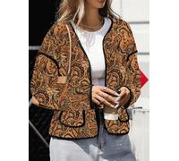 Women's Vintage Paisley Print Black Piping Long-Sleeve Short Open Jacket | Front patch pockets、cropped relaxed silhouette, easy for layered outfits