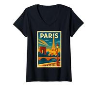 Womens Vintage Paris Travel Poster Retro Art Deco France V-Neck T-Shirt