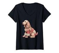 Womens Vintage Patchwork Cocker Spaniel Dog Quilt Style V-Neck T-Shirt