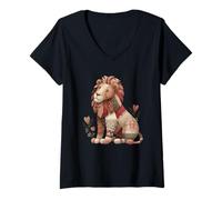 Womens Vintage Patchwork Lion with Hearts Nursery V-Neck T-Shirt