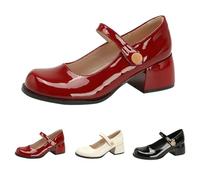 Women's Vintage Patent Leather Block Mary Jane Heels Retro Chunky Platform Work Mary Janes Round Toe Pumps Ankle Strap Dress Shoes Wine Footwear Size 5.5