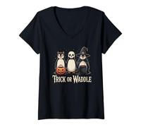Women's Vintage Penguin Trick or Waddle Spooky Halloween V-Neck T-Shirt
