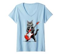 Womens Vintage Persian Cat Playing Guitar Funny Kitten Persian V-Neck T-Shirt