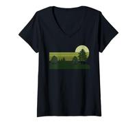 Womens Vintage Pine Forest Moonlight Retro Nature Casual V-Neck T-Shirt