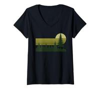 Womens Vintage Pine Forest Moonlight Retro Nature Casual V-Neck T-Shirt