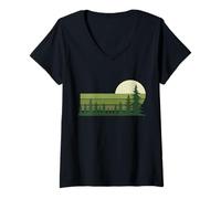 Womens Vintage Pine Forest Moonlight Retro Nature Casual V-Neck T-Shirt