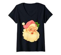 Womens Vintage Pink Christmas Santa Claus Merry Xmas Women Girls V-Neck T-Shirt