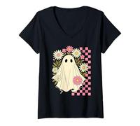 Womens Vintage Pink Flowers Ghost Groovy Halloween Spooky Girls V-Neck T-Shirt