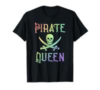 Womens Vintage Pirate Queen Rainbow Skull Swords Crossed T-Shirt