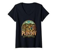 Women's Vintage Plovdiv Bulgaria Travel Souvenir Landmark Gift V-Neck T-Shirt