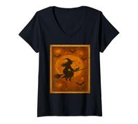 Womens Vintage Poster-Style Witch and Black Cat Halloween Graphic V-Neck T-Shirt