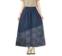 Women's Vintage Printed Patchwork Denim Skirt Elastic Waist A Line Big Swing Midi Skirt Casual Loose Vacation Skirts(Deep blue,L)