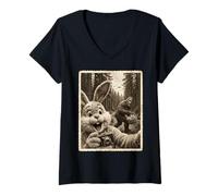 Women's Vintage Rabbit Bigfoot UFO Selfie Cryptid Fans Easter V-Neck T-Shirt