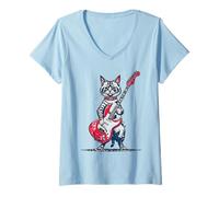 Womens Vintage Ragdoll Cat Playing Guitar Funny Pet Kitten Graphic V-Neck T-Shirt