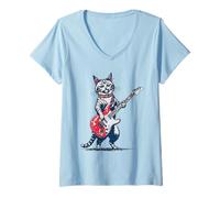 Womens Vintage Ragdoll Cat Playing Guitar Funny Pet Kitten Graphic V-Neck T-Shirt