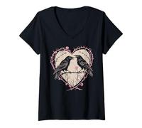 Women's Vintage Raven Gothic Heart Thorns Roses Dark Romance V-Neck T-Shirt