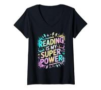 Women's Vintage Reading My Superpower Heroes Literacy Specialist Mom V-Neck T-Shirt