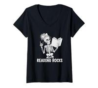 Women's Vintage Reading Rocks Messy Hair Library Literacy Crew V-Neck T-Shirt