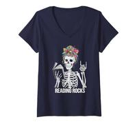 Women's Vintage Reading Rocks Skeleton Elementary Teacher Read V-Neck T-Shirt