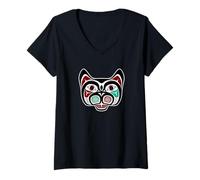 Womens Vintage Red Black Haida Native Culture Kitty Cat V-Neck T-Shirt