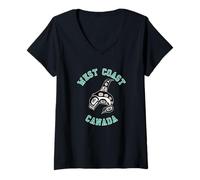 Womens Vintage Red Black Haida Orca Whale Native V-Neck T-Shirt