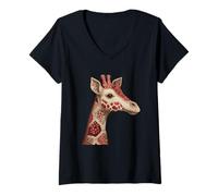 Womens Vintage Red Floral Giraffe Patchwork Safari V-Neck T-Shirt