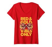 Women's Vintage RED & Gold Vibes ONLY Competition Field Day Teacher V-Neck T-Shirt