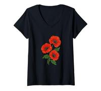 Womens Vintage Red Poppy Botanical Retro Floral Design for Nature V-Neck T-Shirt