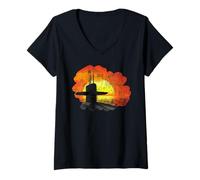 Womens Vintage Red Sunset US Submarine Service Veteran V-Neck T-Shirt