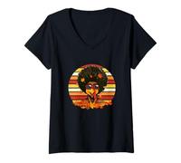 Womens Vintage Retro Afro Man Turkey Thanksgiving Fall Proud Black V-Neck T-Shirt