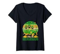Women's Vintage Retro Full of Shenanigans Patrick's Day Pugs V-Neck T-Shirt